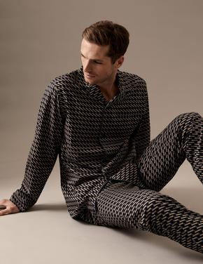 Lacivert Geometrik Desenli Uzun Kollu Pijama Üstü Marks And Spencer